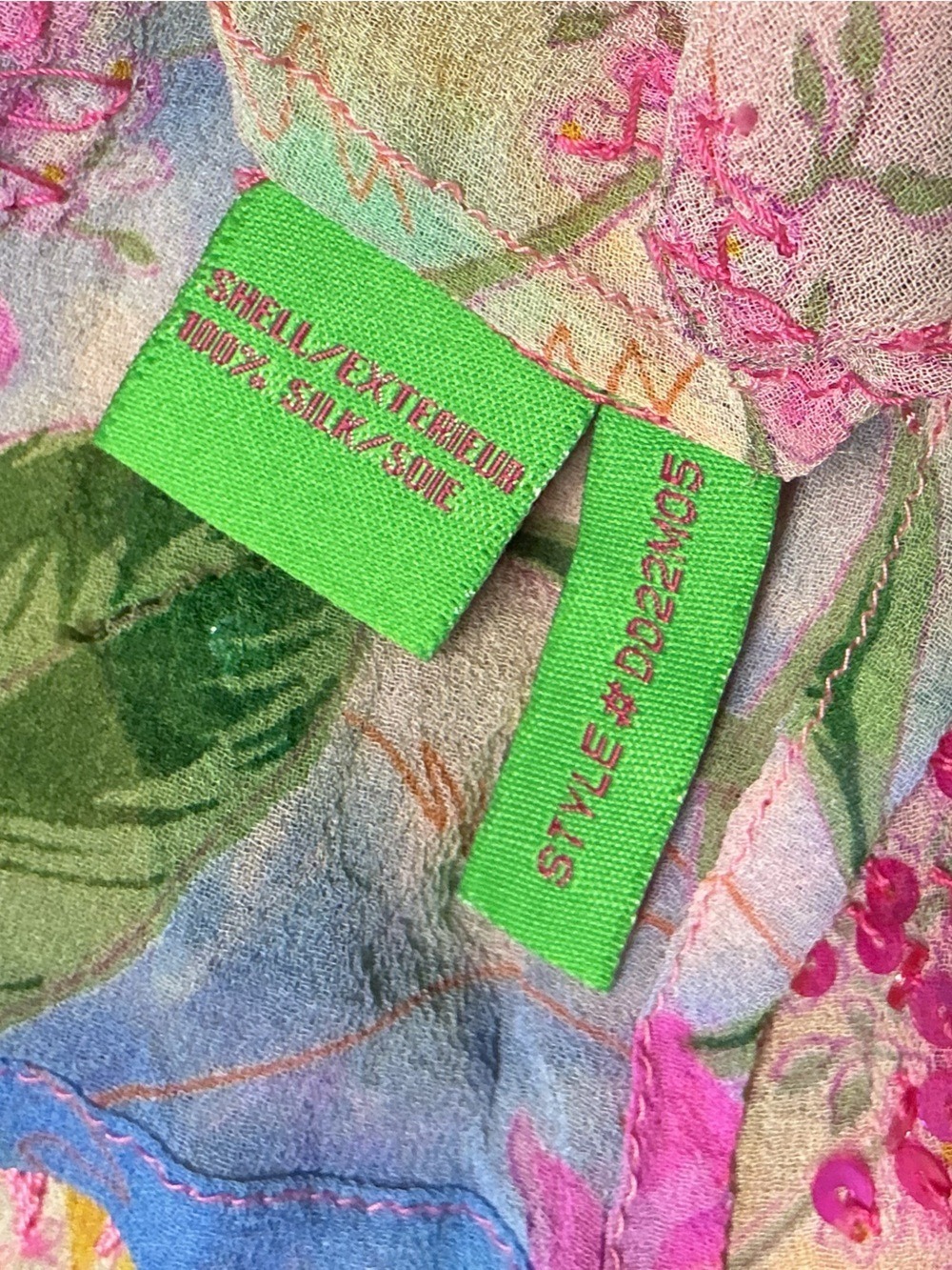 Floral Mesh V-Neck Long Sleeve Top - Pink Green - Picture 8 of 9